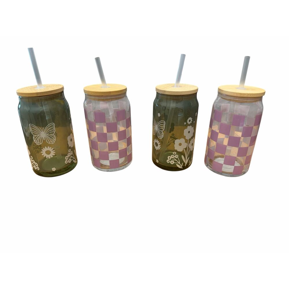 Set of 4 Glass Tumblers Bamboo Lids & Straws Butterfly Checkered NEW